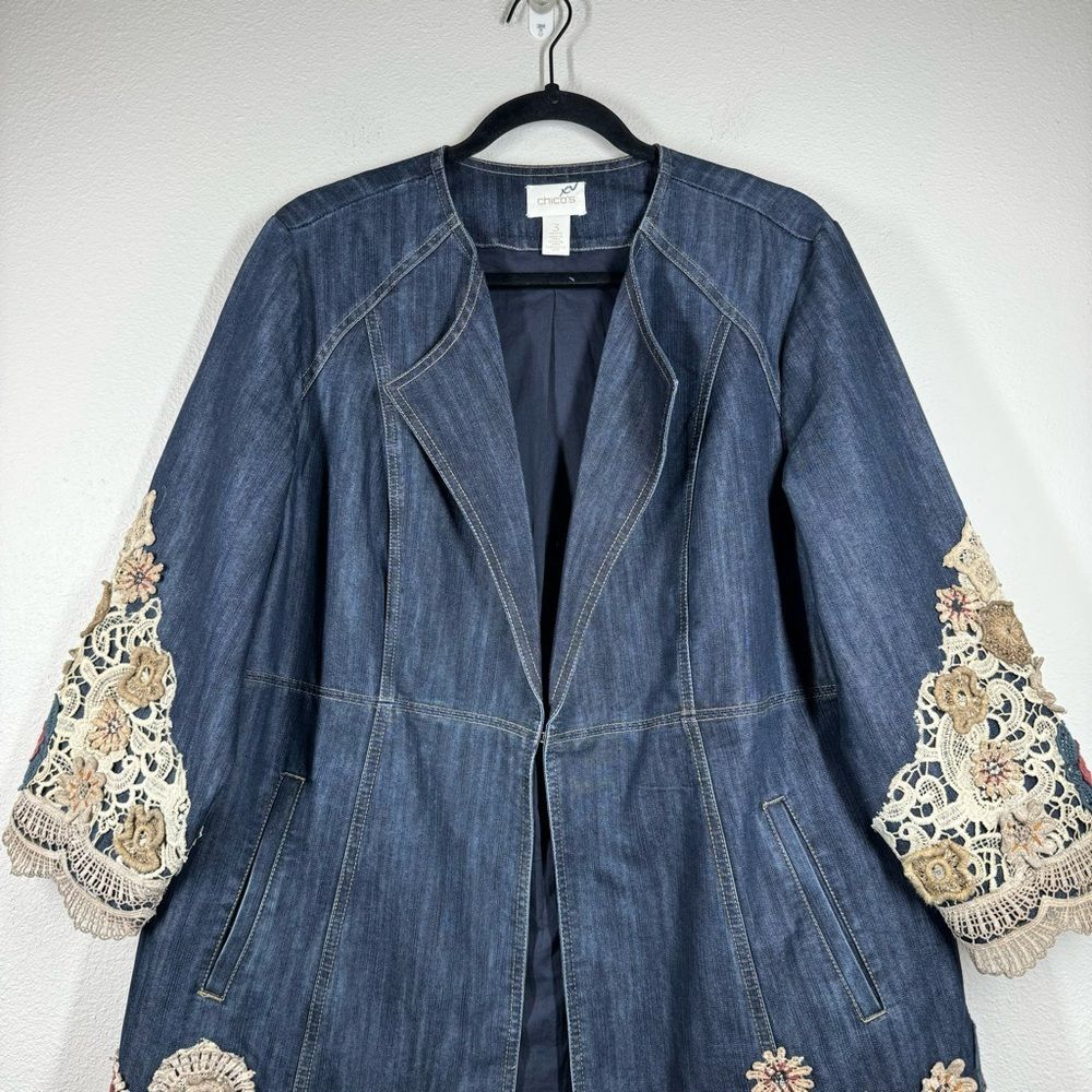 Chicos Denim Lace Doilie Long Blazer Jacket Boho Embellishment Size 3 Or XL - Picture 2 of 12